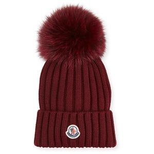 Moncer red Fur-Pompom Virgin Wool Beanie